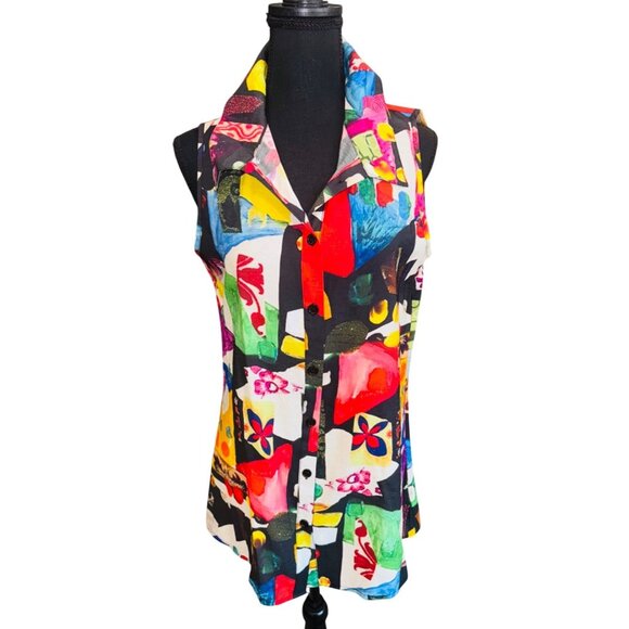 Retro 70s Colorful Sleeveless Button-Up Collared Blouse Top By Adore S Geometric - Picture 1 of 8